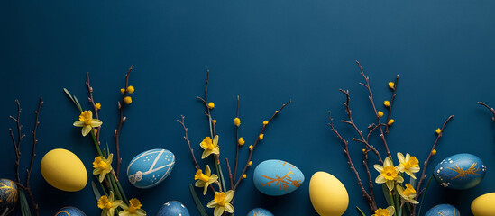 Easter eggs and spring flowers on a blue background. Happy Easter concept.