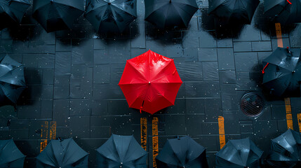 top view of black umbrellas cover the street and one red umbrella in the middle for differentiation business - obrazy, fototapety, plakaty
