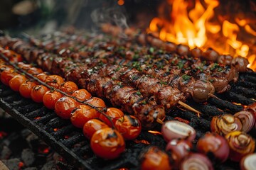 Skewered marinated meats and colorful vegetables cooking over a fiery grill, emanating a smoky aroma