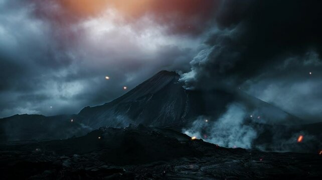 Scene of a volcano with smoke animation video looping motion 
