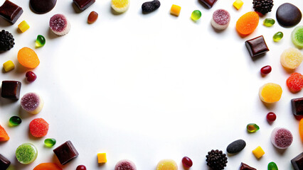 Assorted Candies Frame with Copy Space on White Background. Chocolates with jellybeans and mashmeloos and fresh cookies on a white background with free space for text, logo or headline 