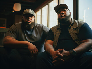 Obraz premium Two men sitting together, one in a gray t-shirt and cap, the other in a black vest and cap, both with tattoos and beards.