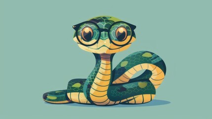 Illustration in flat style, A cute little snake wearing glasses posed against a studio background