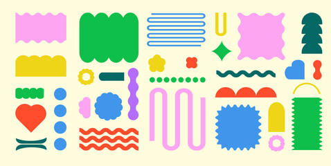 Vector illustration. Set of contemporary pastel color ornaments and geometry figures in drawn cartoon art style against yellow background. Modern icons and graphics. Minimalist design.
