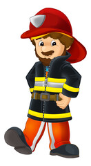 cartoon happy and funny fireman with extinguisher putting out the fire isolated illustration for children - 758022331