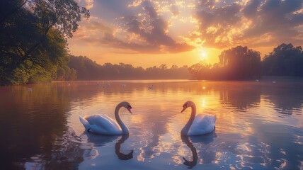 Fototapeta premium Tranquil lake scene with swans under a soft sunset