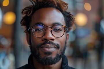 A sharp portrait of a man wearing glasses and displaying a confident and charismatic presence in an urban environment - obrazy, fototapety, plakaty