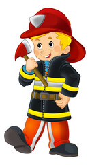 cartoon happy and funny fireman with extinguisher putting out the fire isolated illustration for children - 758022514