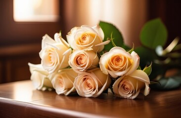 Tenderness in every petal: white roses are lying on the table.