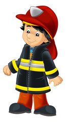 cartoon happy and funny fireman with extinguisher putting out the fire isolated illustration for children - 758022558