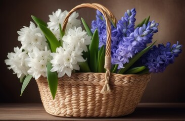 White and purple flowers in a pretty wicker basket on a brown background. - Powered by Adobe