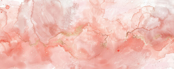An abstract watercolor style artwork with pink hues and gold accents that resemble marble textures.