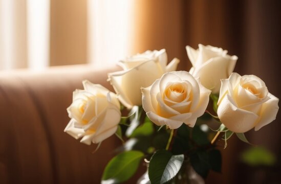 A bouquet of delicate white flowers, close-up. Flowers on the background of the room, warm tones.