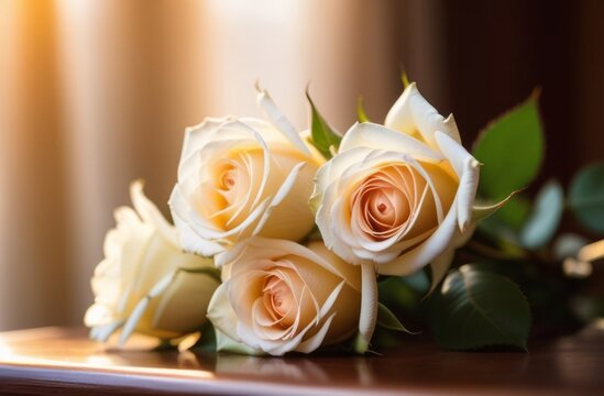 Beautiful white roses without packaging are lying on a brown table.