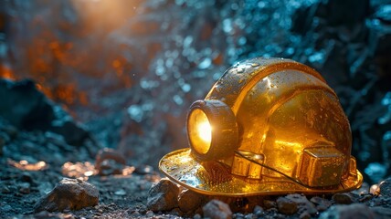 golden protective headgear with light in a quarry setting - obrazy, fototapety, plakaty