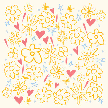 Vector illustration. Simple minimalistic seamless pattern of flowers and hearts in drawn doodle art style. Graphic design for paper, textile print, stamps, page fill. Colorful spring, summer templates