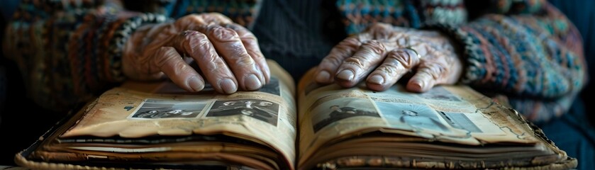 An old man is reading a book with his hands. The book is open to a page with pictures