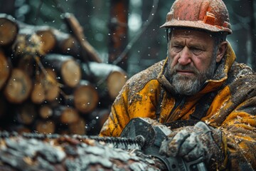 Obraz premium An older lumberjack in a yellow jacket holds a chainsaw, snow-covered with intense focus