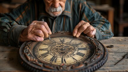 An old man is working on a clock, fixing it with a screwdriver