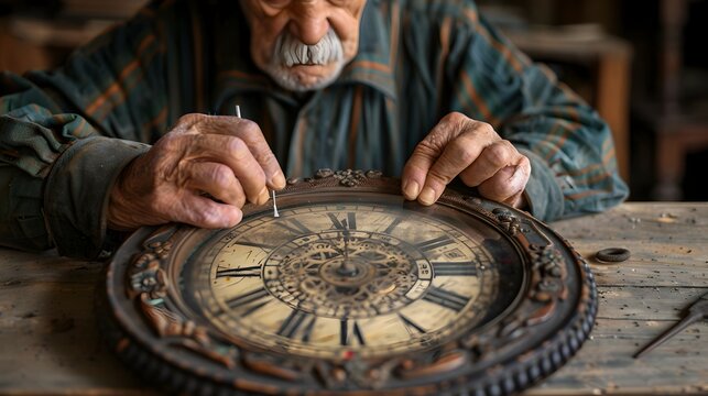 An old man is working on a clock, fixing it with a screwdriver