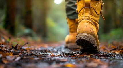 A person is walking in the woods wearing yellow boots. The boots are dirty and muddy