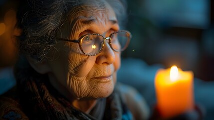 A woman wearing glasses is holding a candle