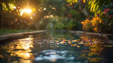 Sunrise gently warms a secluded garden pool, with dew-kissed foliage and the soft chirping of morning birds - obrazy, fototapety, plakaty