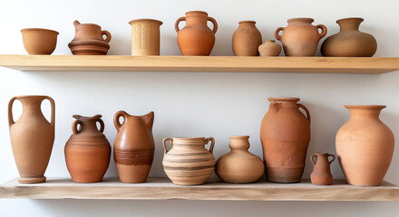 Fototapeta na wymiar Clay pots on the shelves in the kitchen. 3d rendering