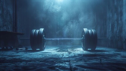 Depict a moody fitness space with a weightlifting bar in sharp relief against gear - obrazy, fototapety, plakaty