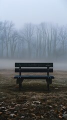 A bench sits in a park with a tree in the background. The bench is empty and the leaves on the ground are brown