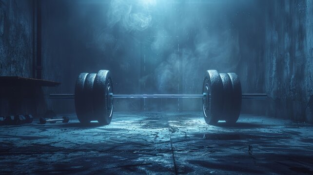 Depict a moody fitness space with a weightlifting bar in sharp relief against gear