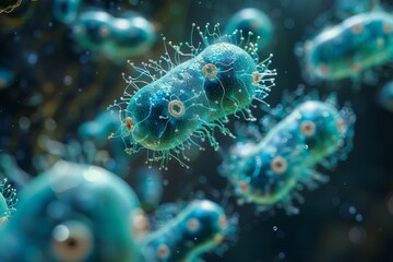 A highly detailed 3D illustration depicting the complex and diverse world of bacteria with a focus on texture and color