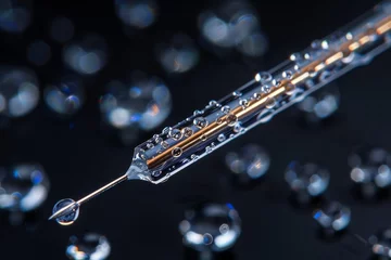 Poster Detailed image of a syringe needle covered in multiple sparkling water drops over dark background © Larisa AI
