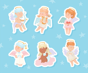 Cute Baby Angels with Wings and Halo Vector Set