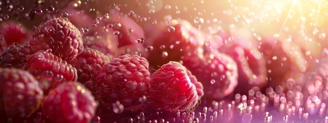 Raspberries closeup background, template for horizontal banner. Healthy food concept.