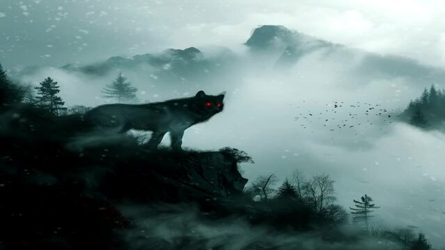 Wolf behind white fog with mystical and scary red eyes, horror and scary concept among dark hills