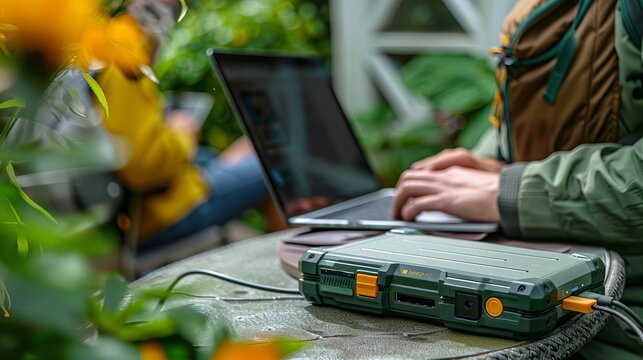 External Hard Drive Connected to Laptop. A person is using an outdoors hard drive to transfer data between their laptop and the rugged