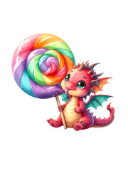 Naklejka premium Kleiner Drache mit riesigem Lolli, niedliches Kindermotiv, PNG