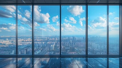 Panoramic city view through window with reflections of the sky