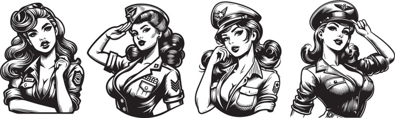 pin-up girl with pilot cap in military style, black vector graphic