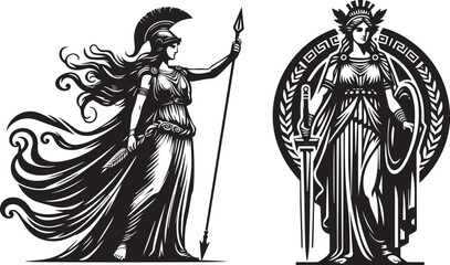 Athena, Greek goddess, full silhouette of ancient woman with spear, black vector graphic laser cutting engraving
