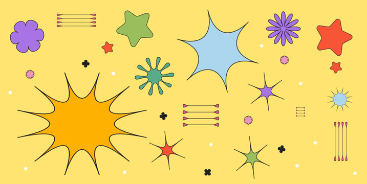 Vector illustration. Set of stars, geometry figures different colors in drawn cartoon art style against yellow background. Minimalist design. Retro futuristic graphic ornaments for decoration. Ad