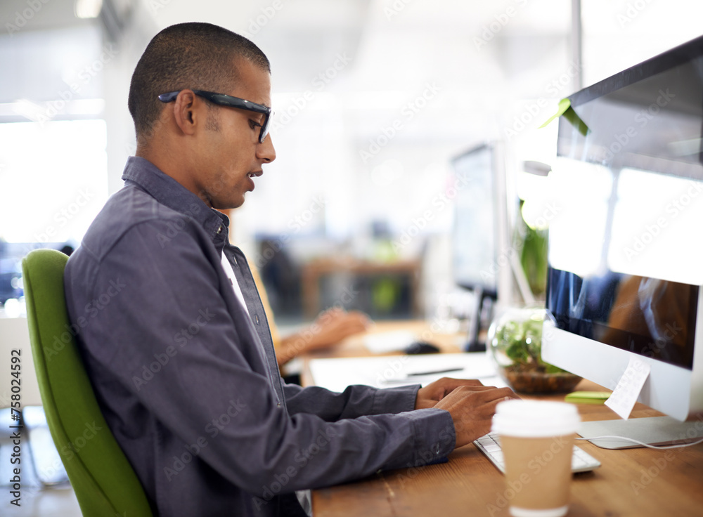 Poster computer, typing and businessman in office, employee and writing for work project. eyewear, desk and