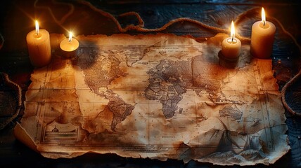 Old world map on a parchment, lit by candlelight with digital pins - obrazy, fototapety, plakaty