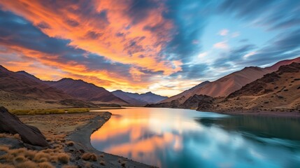 Tranquil mountain sunset  majestic landscape with vibrant sunset hues reflected in a peaceful lake