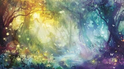 Fototapeta premium Enchanted Forest Illustration with Magical Glow Artistic illustration of an enchanted forest scene, with a magical glow, ethereal lights, and butterflies.