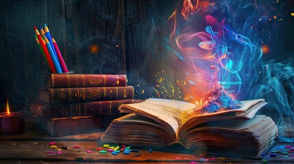 Magic book and colored pencils with colorful and mysterious plasma, cover photo