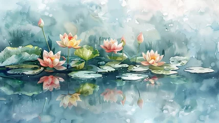 Foto op Canvas Soft watercolor of a tranquil pond with water lilies, reflections of clouds above © Putra