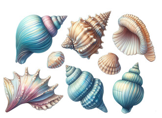 Digital drawing realistic beautiful sea shells of various colors and textures isolated on a transparent background. Blue, pink and beige shades.