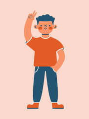 Teenage boy standing in casual clothes and show V sign. Vector clip art for card, banner, flyer with cartoon cute illustration. Kawaii cheerful character. Flat design of happy kid. Hobby, leisure.
